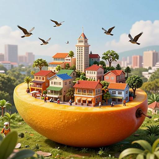 Whimsical CGI image: Tiny, colorful houses with red roofs and a tall tower atop a giant orange, surrounded by birds and a blurred cityscape