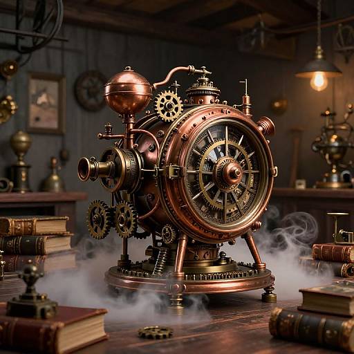 Steampunk clockwork machine with copper gears and dials, emitting steam, surrounded by old books and lamps in a dimly lit, wooden study
