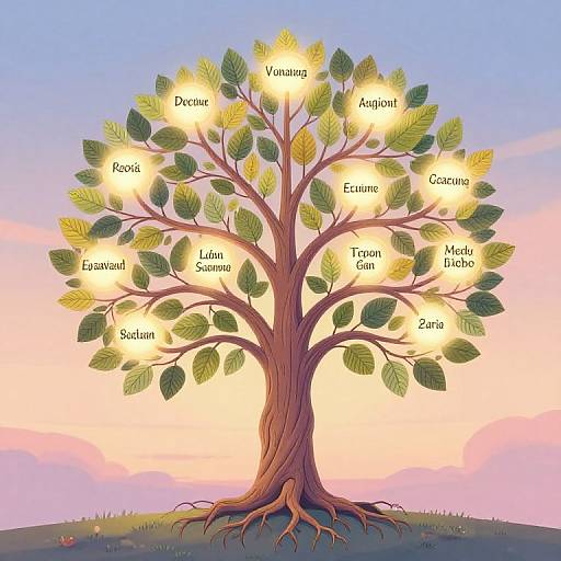 Illustrated family tree with a glowing, leafy tree; names 
