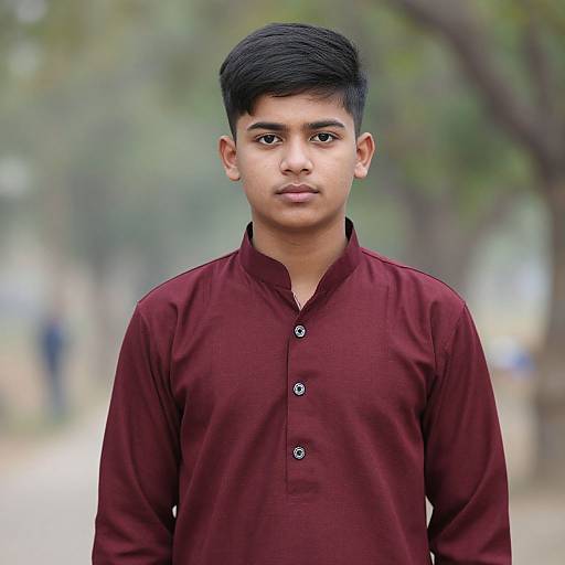 Photograph of a young South Asian man with short black hair, medium brown skin, wearing a maroon button-up shirt, standing in a blurred outdoor