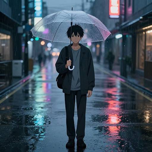 Anime-style digital drawing of a young man with black hair and clothes, holding a transparent umbrella in a rainy neon-lit urban street.