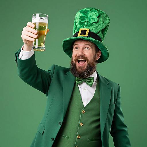Photograph of a bearded man in a green top hat, suit, and bow tie, cheering with a raised glass of beer against a green background