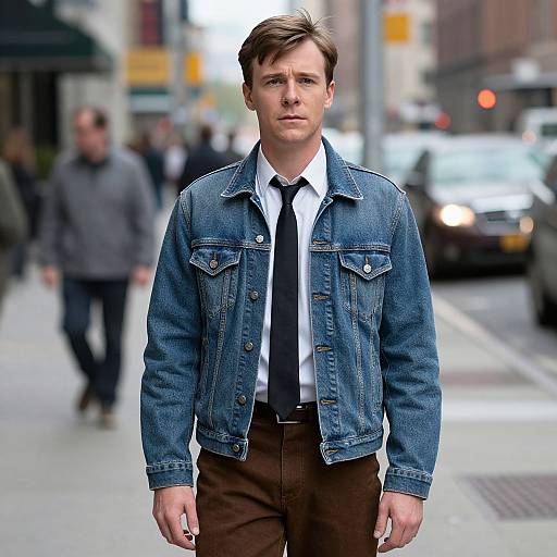 Photograph of a Caucasian man with short brown hair, wearing a blue denim jacket, white shirt, black tie, and brown pants, walking on an