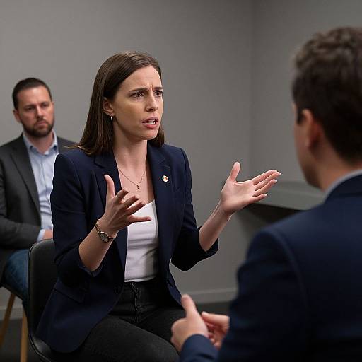 Photograph of a brunette woman in a navy blazer and white top, gesturing passionately during a discussion in a gray room, with two men seated