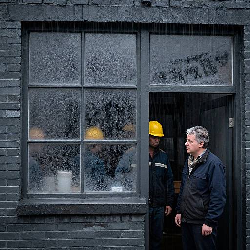 Photograph of two men in black work uniforms standing in the doorway of a rain-soaked, black brick building; one wears a yellow hard hat,