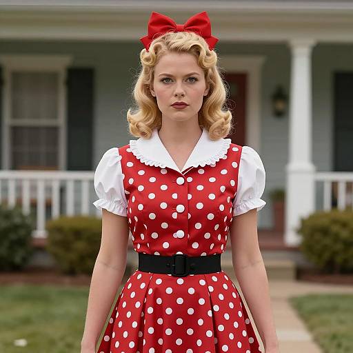 Woman in 1950s Red Polka Dot Dress Costume