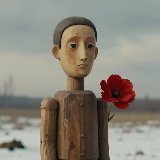 Photograph of a wooden doll with a neutral expression, holding a vibrant red flower, set against a snowy, overcast landscape.
