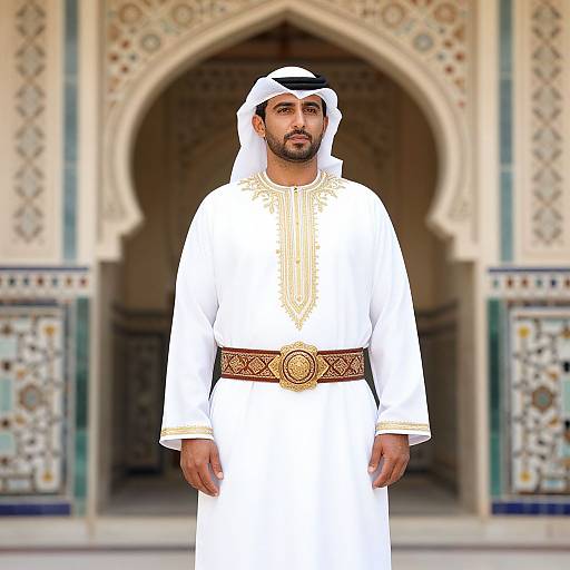 Photograph of a Middle Eastern man in traditional white thobe and keffiyeh, standing in front of an ornate, arched mosque entrance