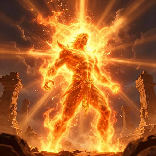 Digital art of a massive, fiery humanoid figure with bright orange flames emanating, standing amidst ancient, crumbling stone pillars under a dark, cloudy sky.