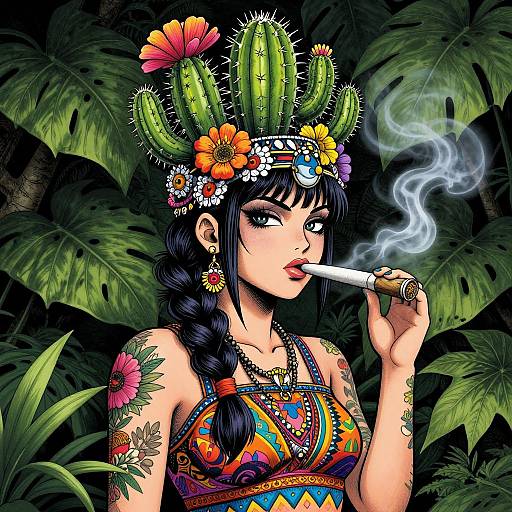Manga Woman with Cactus Headpiece