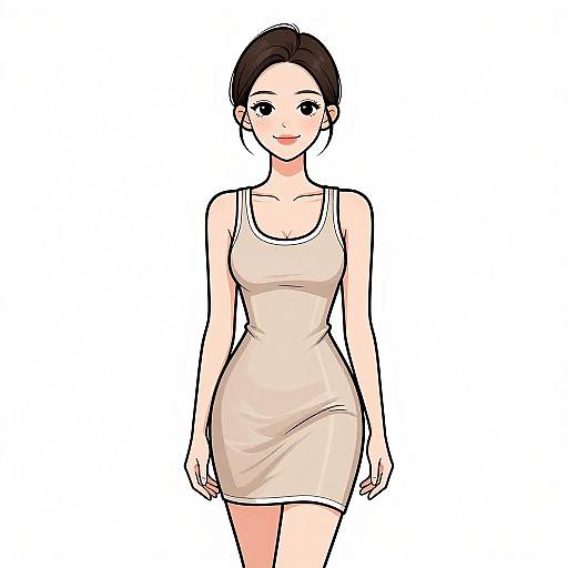 Digital anime-style drawing of a smiling young woman with fair skin and dark brown hair in a bun, wearing a tight, beige, sleeveless dress against