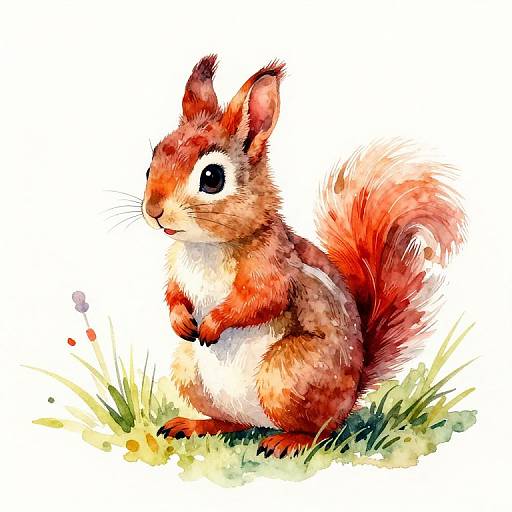Watercolor illustration of a cute, red-orange squirrel with fluffy tail, sitting on grass with small flowers, looking alert.