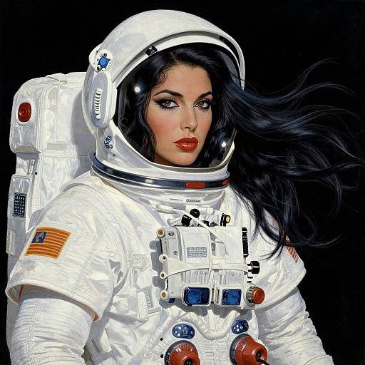 Digital illustration of a fierce, dark-haired woman in a white astronaut suit, with a black background, red lips, and intense gaze.
