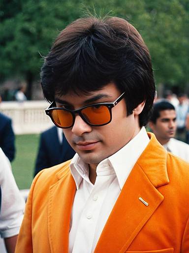 Man in orange Austin Powers costume with sunglasses