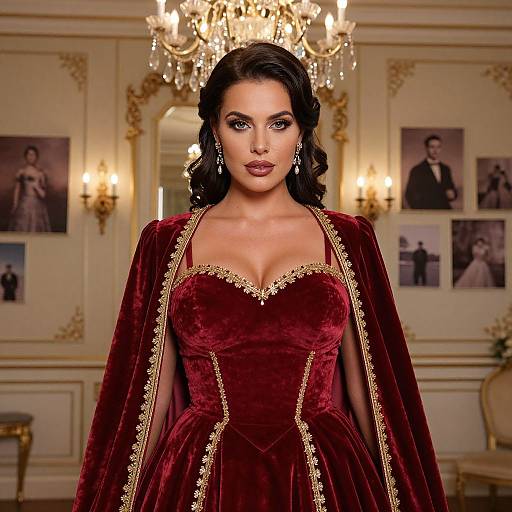 Photograph of a beautiful woman with dark hair in an elegant, deep red velvet gown with gold trim, standing in a luxurious room with chandelier,
