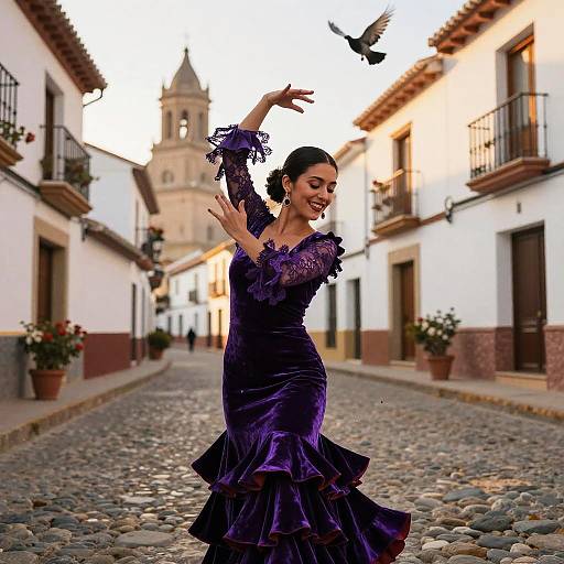 Photograph of a smiling woman in a purple lace and velvet dress, dancing on a cobblestone street with a bird, in a sunlit,