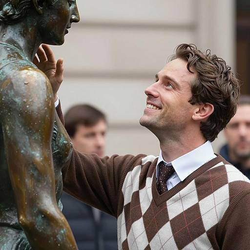 Man Touching Bronze Statue