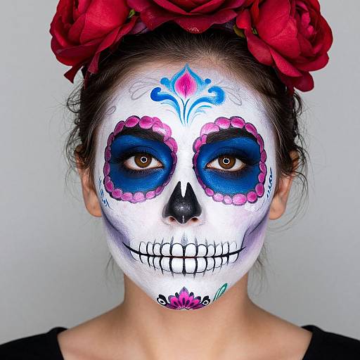 Photograph of a woman with white face paint, blue eye shadow, pink rosettes, black nose, and teeth, wearing a red flower crown