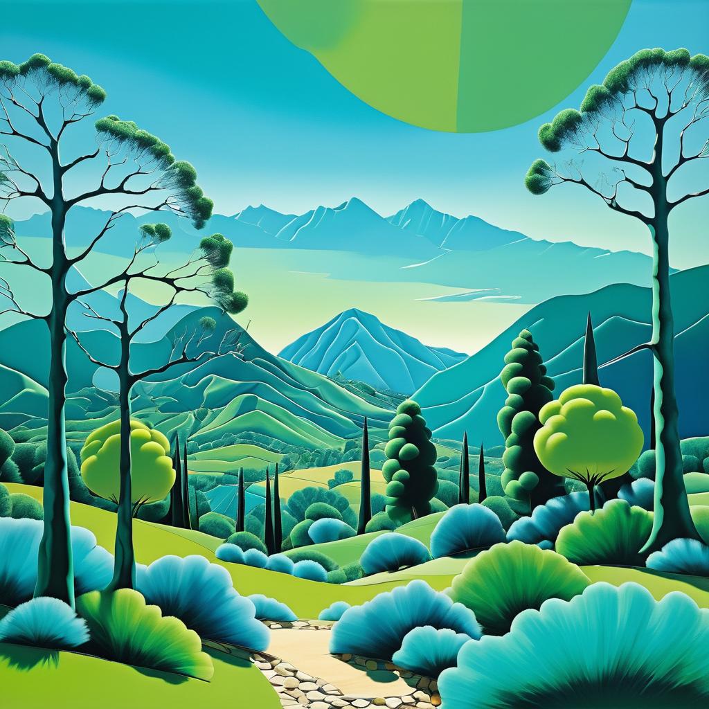 Surreal Landscape with Trees and Mountains