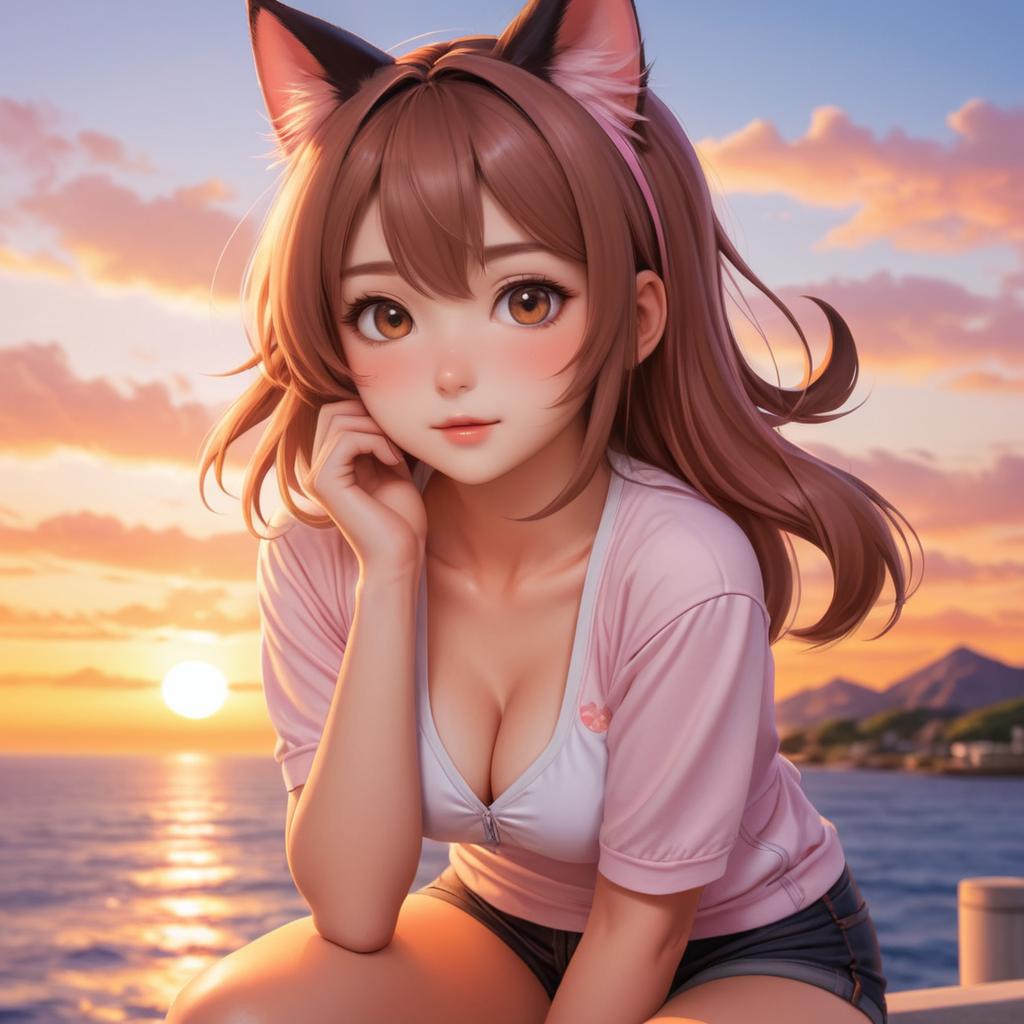 Playful Catgirl in Sunset Glow