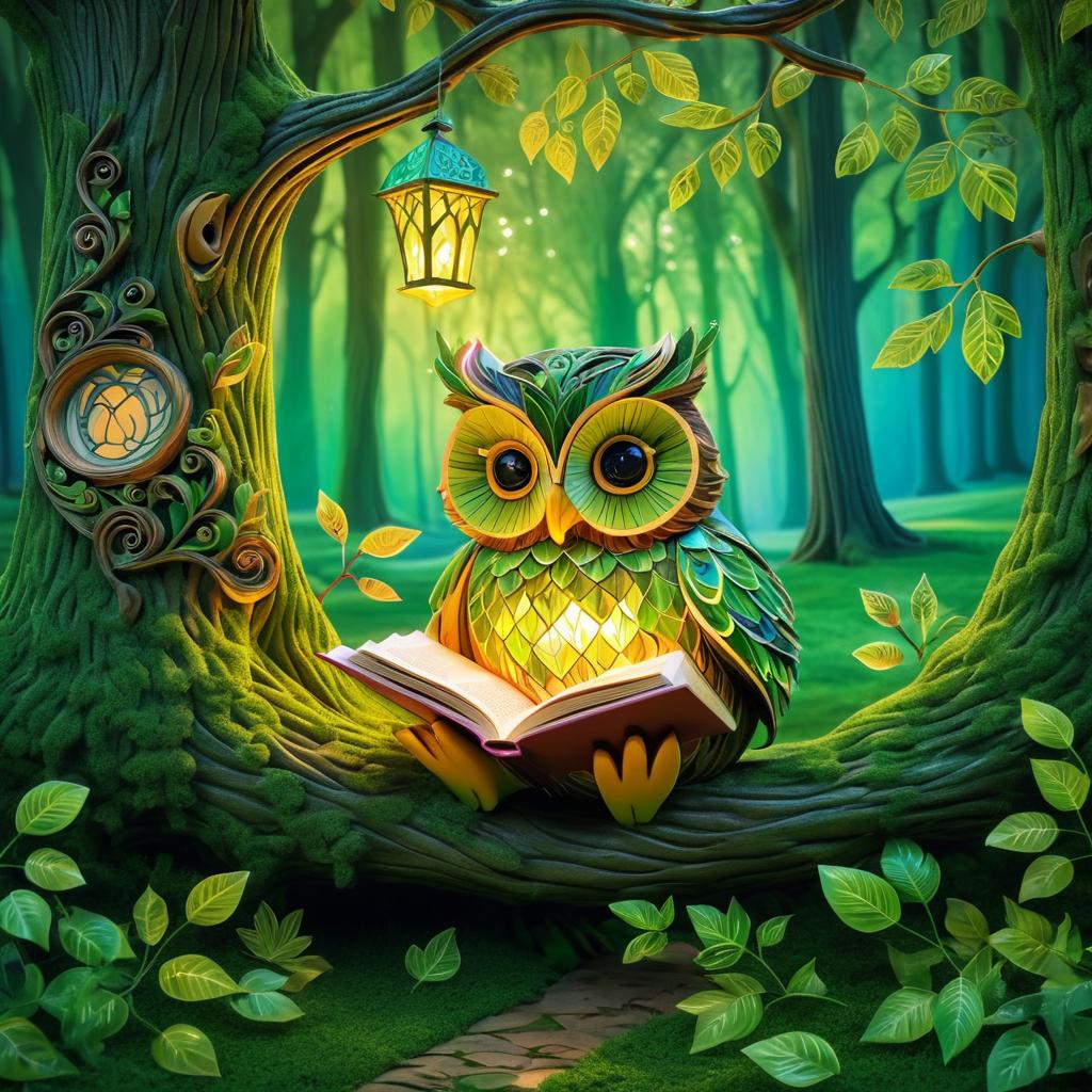 Whimsical Owl Reading in Forest Clearing