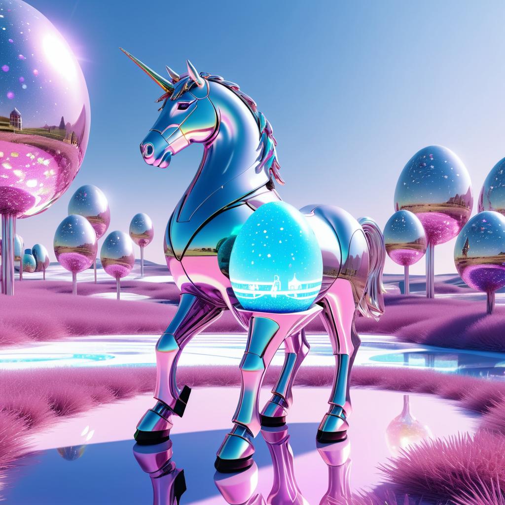 Futuristic Android Unicorn with Shimmering Egg