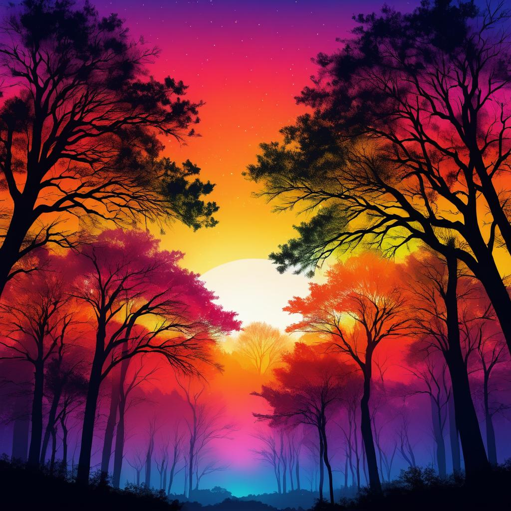 Vibrant Dawn Among Silhouette Trees