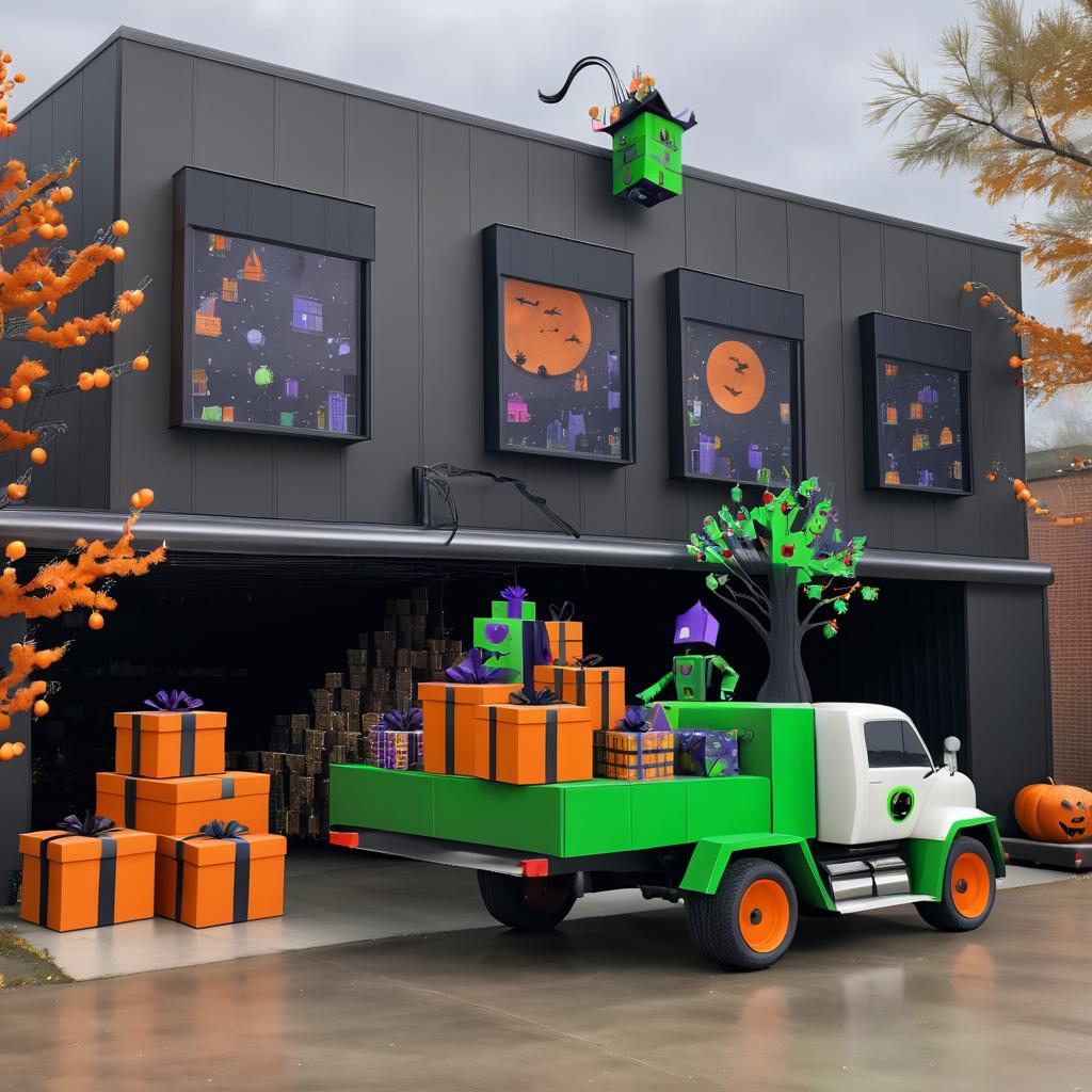 Robots Loading Presents for Spooky Halloween