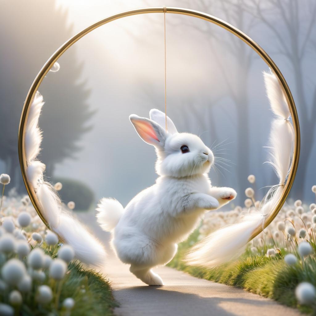 Joyful Bunny Chasing Hoop in Mist