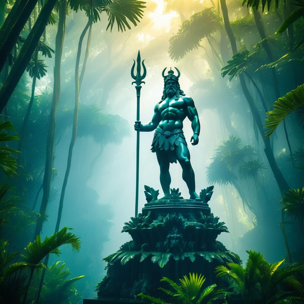 Ancient Poseidon Statue in Misty Jungle