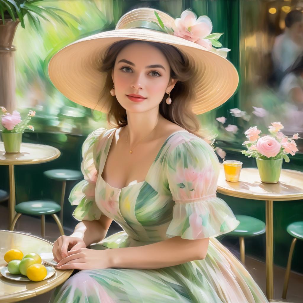 Elegant Woman in a Bustling Café Scene