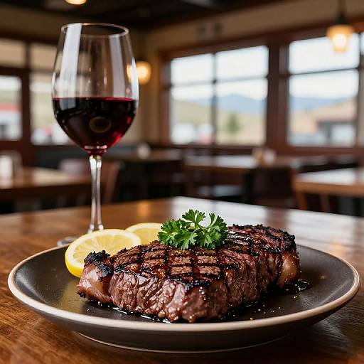 Photograph of a juicy, grilled steak with grill marks, garnished with parsley, lemon slices, and a glass of red wine on a wooden table