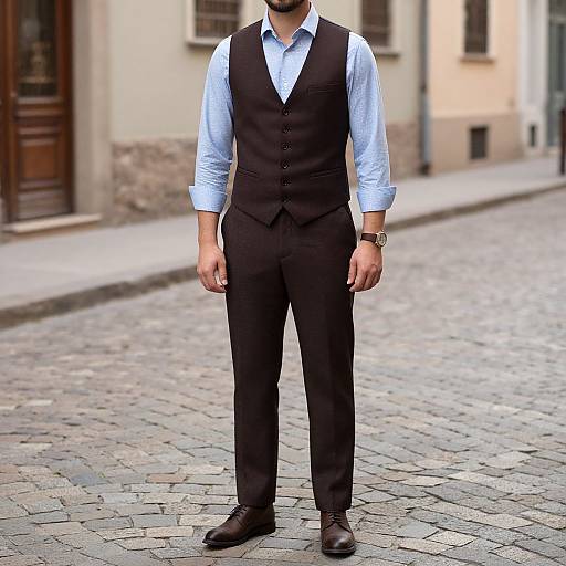 Photograph of a man standing on a cobblestone street, wearing a light blue shirt, black vest, and pants, black shoes, with a