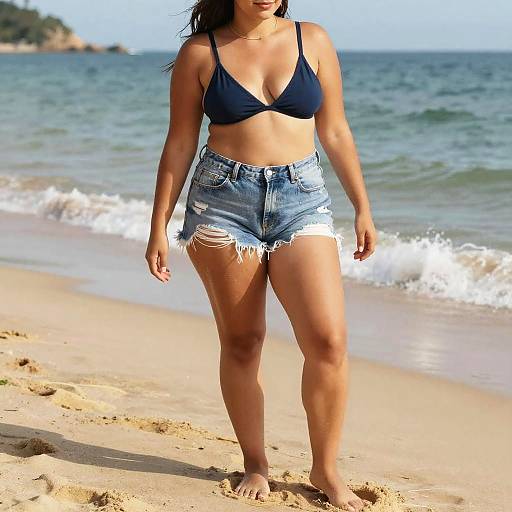 Photograph of a tan-skinned woman with long dark hair, wearing a navy blue bikini top and frayed denim shorts, standing on a sunny beach