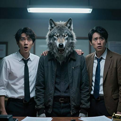 Men with Wolf-Like Figure in Dark Room