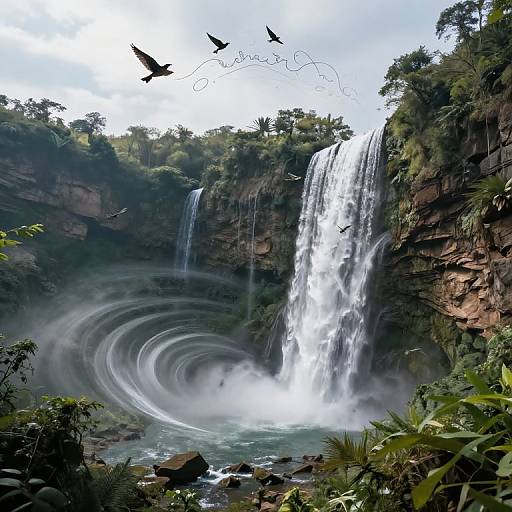Photograph of a lush, tropical waterfall with a swirling mist pool, surrounded by dense greenery and three flying birds.