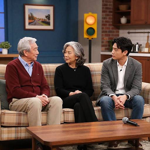 Casual Conversation on a Plaid Sofa