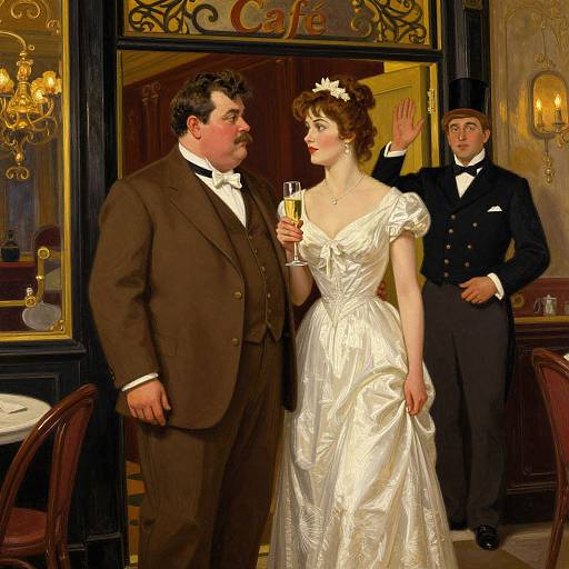 Photograph of a formal wedding scene: a mustached man in a brown suit and white bow tie, holding a champagne glass, stands with a woman