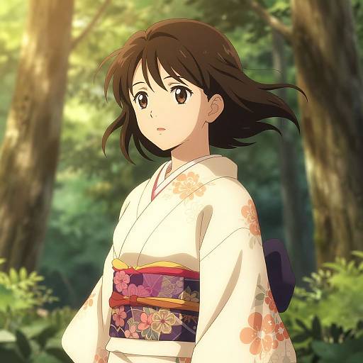 Anime-style digital illustration of a young woman with brown hair in a white floral kimono, standing in a sunlit forest.