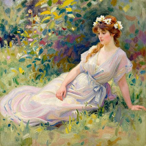 Impressionist painting of a fair-skinned, red-haired woman in a white dress and daisy crown, sitting in a colorful, lush garden.