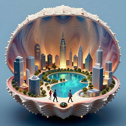 Digital art of a futuristic cityscape within a swirling, colorful, egg-like structure, featuring illuminated skyscrapers, a central lake, and two walking