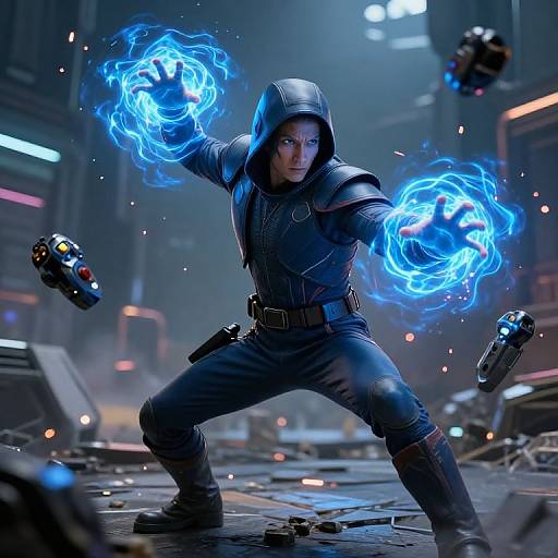Photorealistic CGI of a hooded, muscular man in dark armor, wielding blue energy orbs, standing in a futuristic, ruined cityscape.