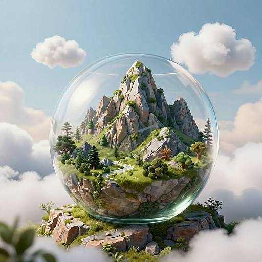 Digital art of a glass sphere containing a miniature mountain landscape with greenery, pine trees, and rocky terrain, set against a bright blue sky with fluffy