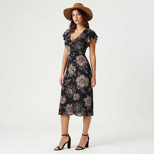Photograph of a woman in a black floral dress, brown wide-brim hat, black high heels, standing against a white background.