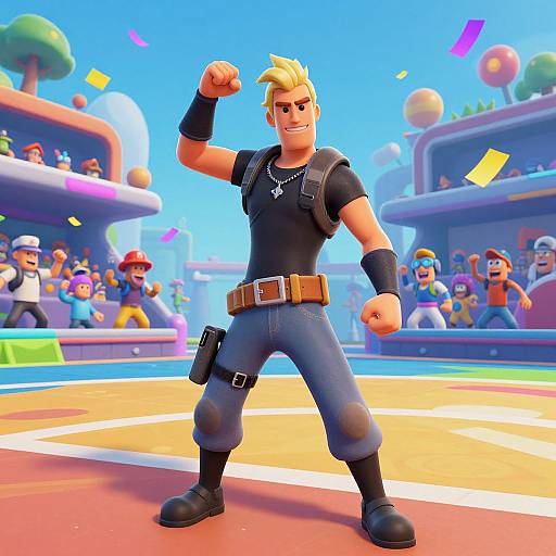 CGI cartoon of a muscular, blonde man with blue jeans, black shirt, and fingerless gloves, flexing his arm in a vibrant, colorful