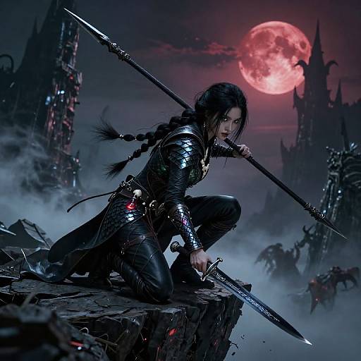 Dark-haired warrior in shiny black armor kneels on rocky ledge, holding sword under full red moon, gothic castle in foggy background. Digital fantasy
