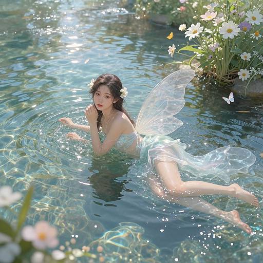 Photograph of a fair-skinned, dark-haired fairy with translucent wings, lying in a clear, sunlit pond surrounded by blooming flowers.