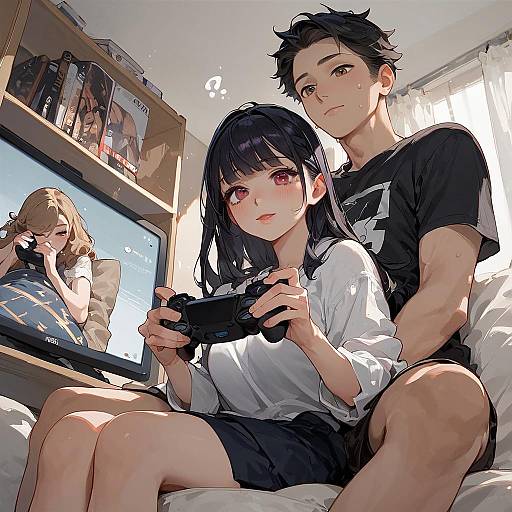 Anime Couple Gaming Room Scene