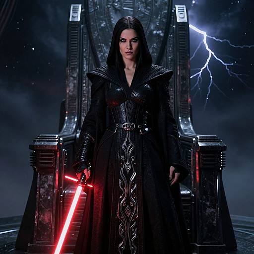 Digital illustration of a stern, dark-haired woman in a black, intricately detailed cloak and armor, holding a glowing red lightsaber, standing before a