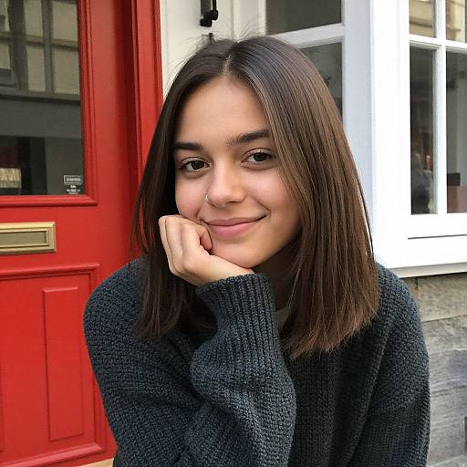 Photograph of a young woman with straight brown hair, light skin, and brown eyes, wearing a black knit sweater, smiling softly while resting her chin